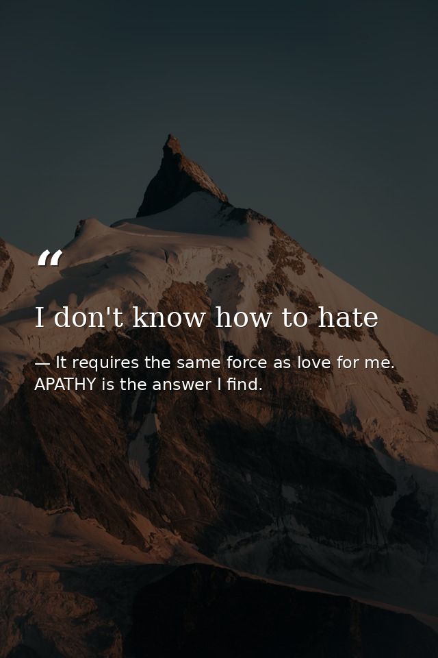 I don't know how to hate — It requires the same force as love for me. APATHY is the answer I find.