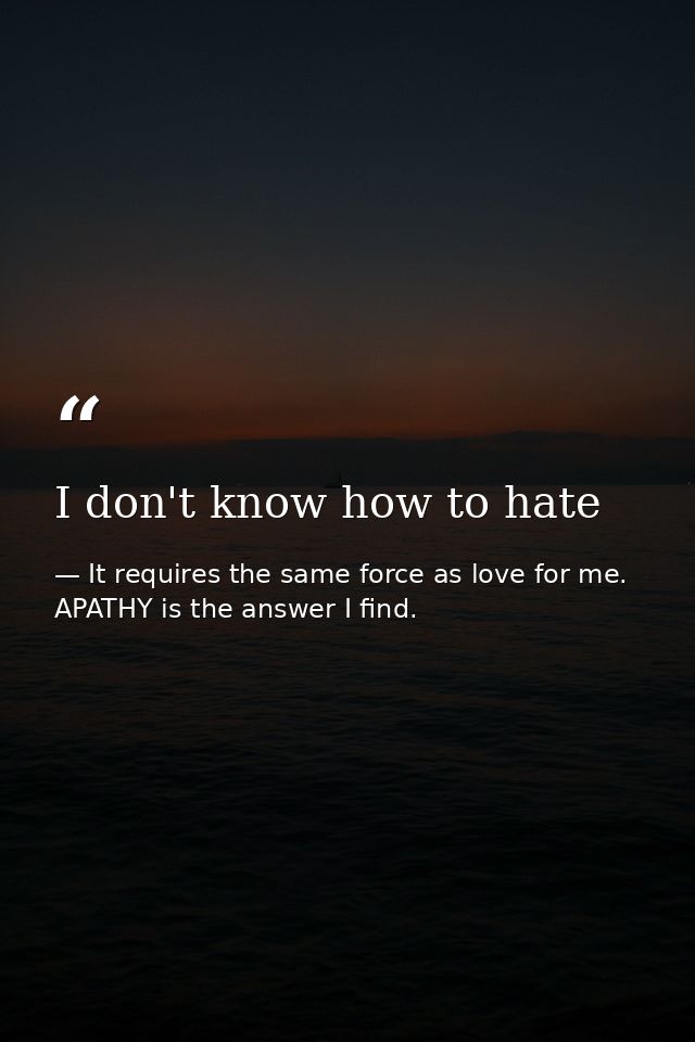 I don't know how to hate — It requires the same force as love for me. APATHY is the answer I find.