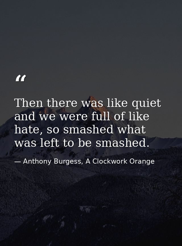 Then there was like quiet and we were full of like hate, so smashed what was left to be smashed. — Anthony Burgess, A Clockwork Orange
