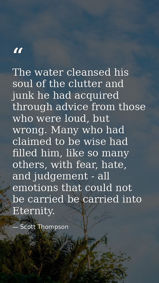 The water cleansed his soul of the clutter and junk he had acquired through advice from those who were loud, but wrong.  — Scott Thompson