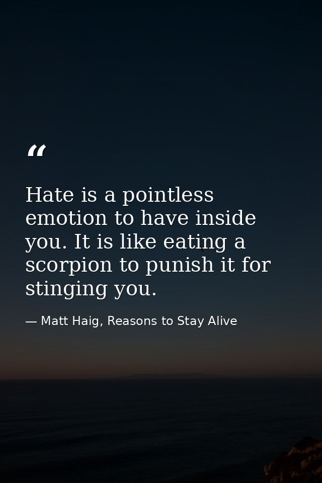 Hate is a pointless emotion to have inside you. It is like eating a scorpion to punish it for stinging you. — Matt Haig, Reasons to Stay Alive