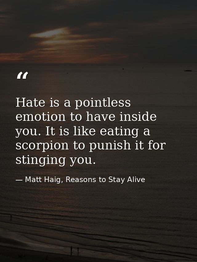 Hate is a pointless emotion to have inside you. It is like eating a scorpion to punish it for stinging you. — Matt Haig, Reasons to Stay Alive