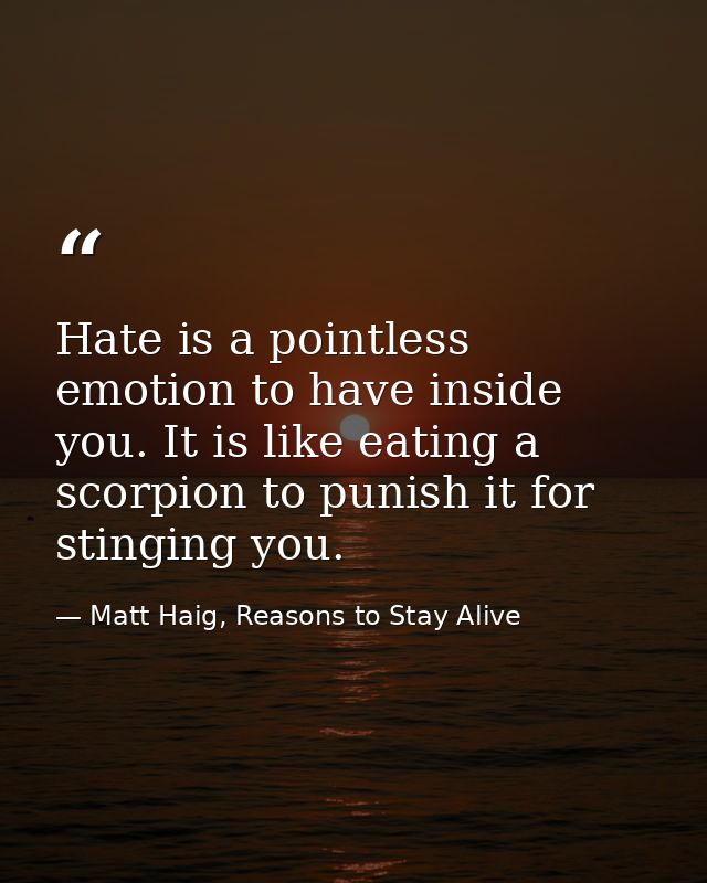 Hate is a pointless emotion to have inside you. It is like eating a scorpion to punish it for stinging you. — Matt Haig, Reasons to Stay Alive