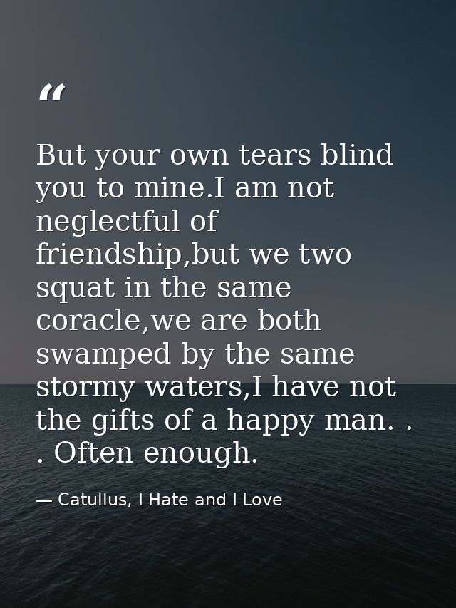 But your own tears blind you to mine.I am not neglectful of friendship,but we two squat in the same coracle,we are both  — Catullus, I Hate and I Love