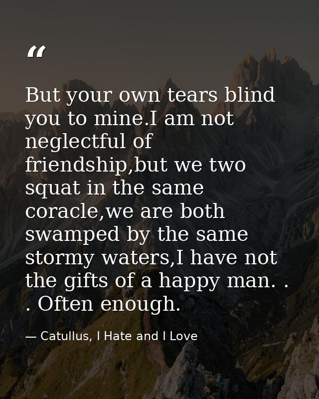 But your own tears blind you to mine.I am not neglectful of friendship,but we two squat in the same coracle,we are both  — Catullus, I Hate and I Love