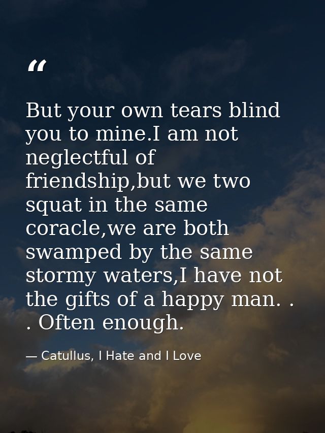 But your own tears blind you to mine.I am not neglectful of friendship,but we two squat in the same coracle,we are both  — Catullus, I Hate and I Love