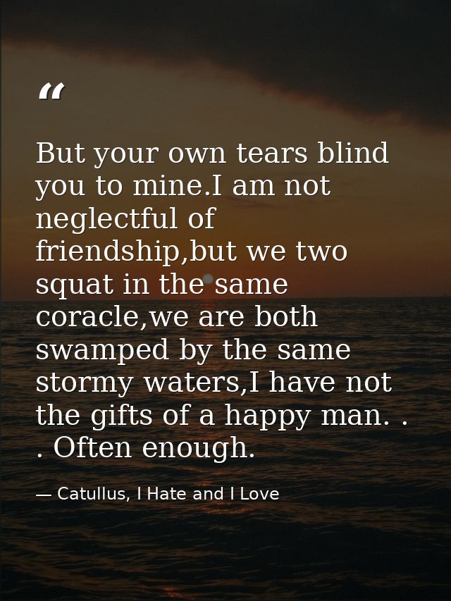 But your own tears blind you to mine.I am not neglectful of friendship,but we two squat in the same coracle,we are both  — Catullus, I Hate and I Love