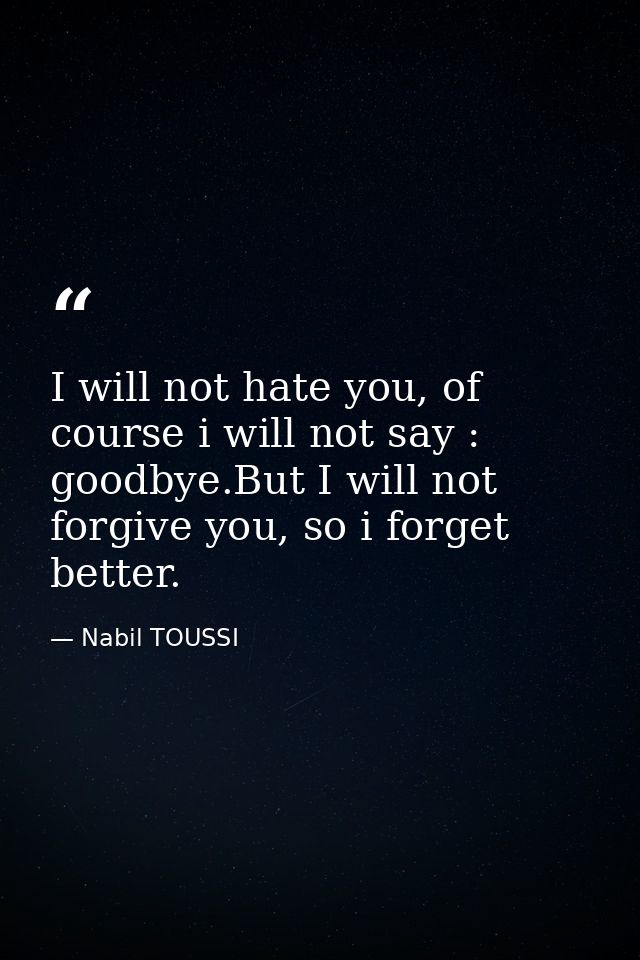I will not hate you, of course i will not say : goodbye.But I will not forgive you, so i forget better. — Nabil TOUSSI