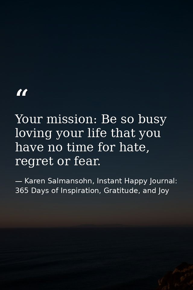 Your mission: Be so busy loving your life that you have no time for hate, regret or fear. — Karen Salmansohn, Instant Happy Journal: 365 Days of Inspiration, Gratitude, and Joy