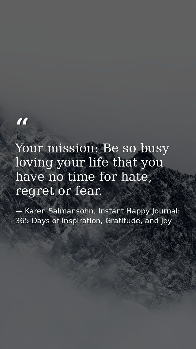 Your mission: Be so busy loving your life that you have no time for hate, regret or fear. — Karen Salmansohn, Instant Happy Journal: 365 Days of Inspiration, Gratitude, and Joy