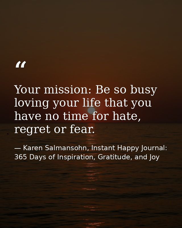Your mission: Be so busy loving your life that you have no time for hate, regret or fear. — Karen Salmansohn, Instant Happy Journal: 365 Days of Inspiration, Gratitude, and Joy