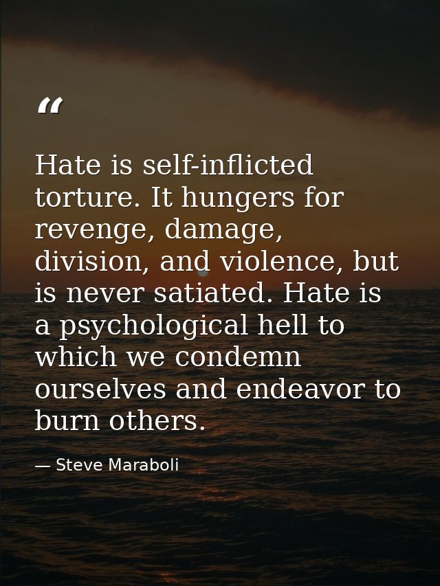 Hate is self-inflicted torture. It hungers for revenge, damage, division, and violence, but is never satiated. Hate is a — Steve Maraboli