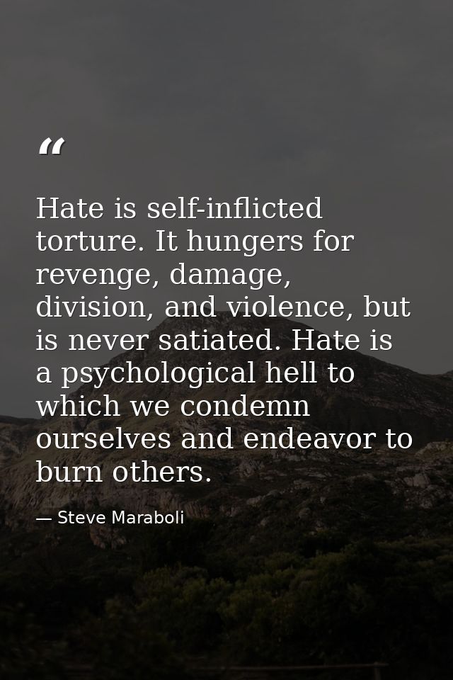 Hate is self-inflicted torture. It hungers for revenge, damage, division, and violence, but is never satiated. Hate is a — Steve Maraboli