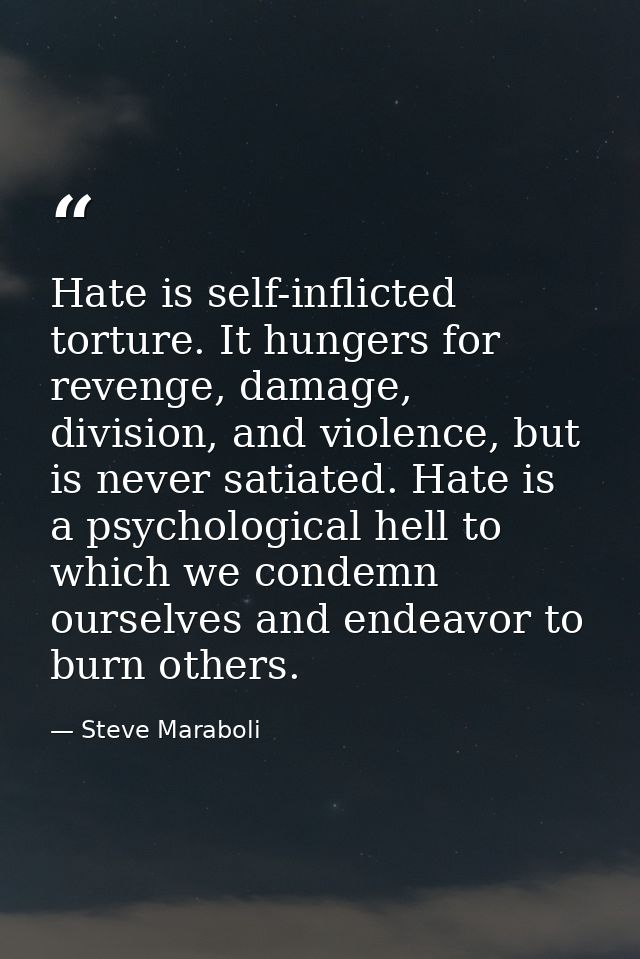 Hate is self-inflicted torture. It hungers for revenge, damage, division, and violence, but is never satiated. Hate is a — Steve Maraboli
