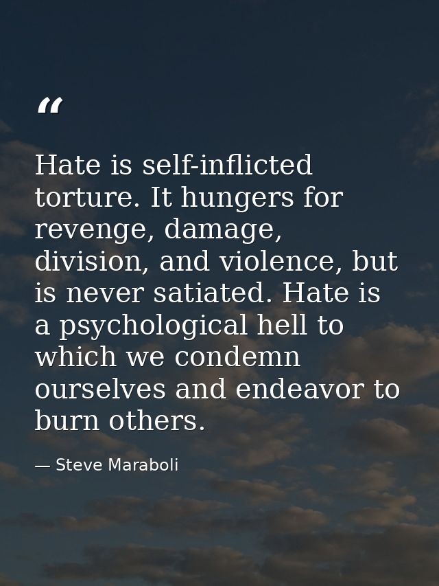 Hate is self-inflicted torture. It hungers for revenge, damage, division, and violence, but is never satiated. Hate is a — Steve Maraboli