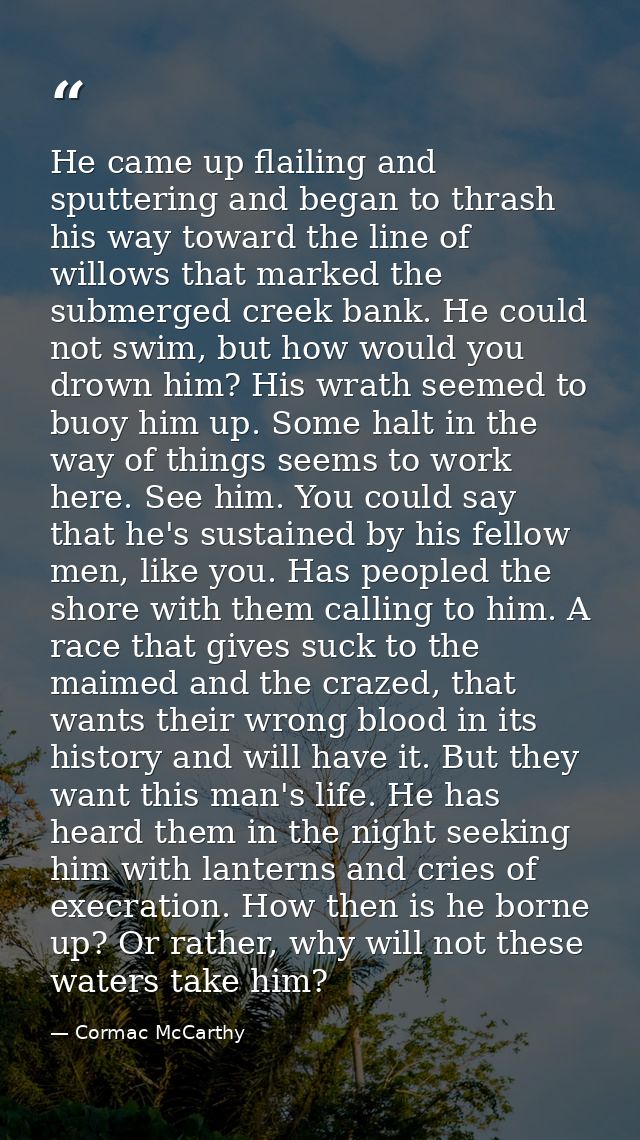 He came up flailing and sputtering and began to thrash his way toward the line of willows that marked the submerged cree — Cormac McCarthy