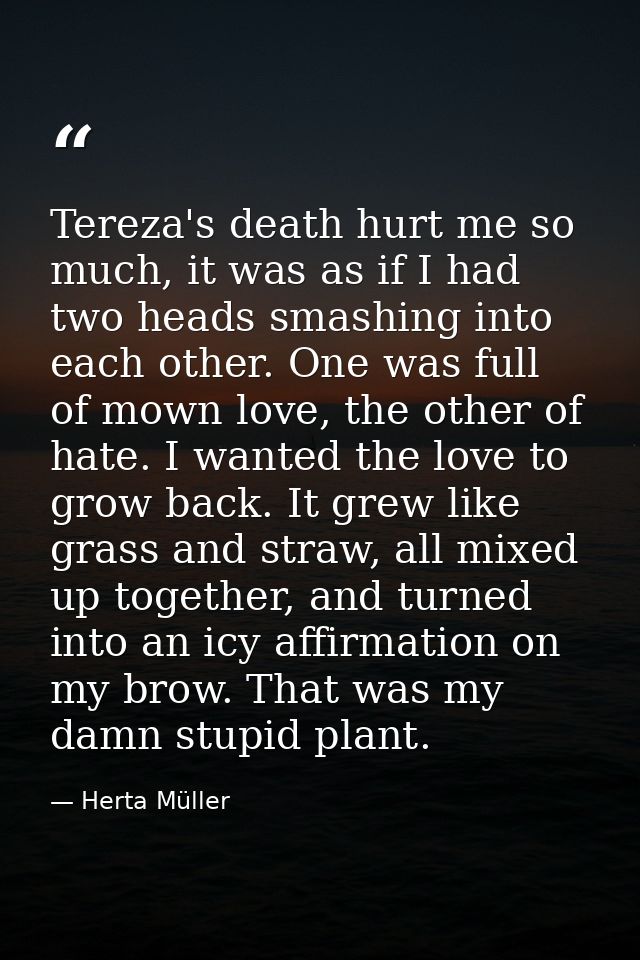 Tereza's death hurt me so much, it was as if I had two heads smashing into each other. One was full of mown love, the ot — Herta Müller