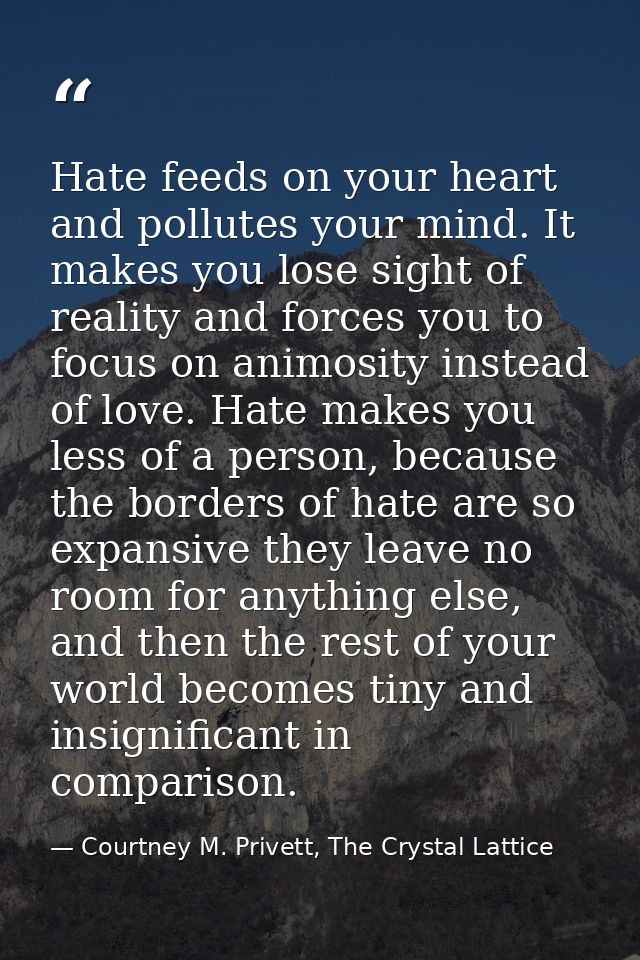 Hate feeds on your heart and pollutes your mind. It makes you lose sight of reality and forces you to focus on animosity — Courtney M. Privett, The Crystal Lattice