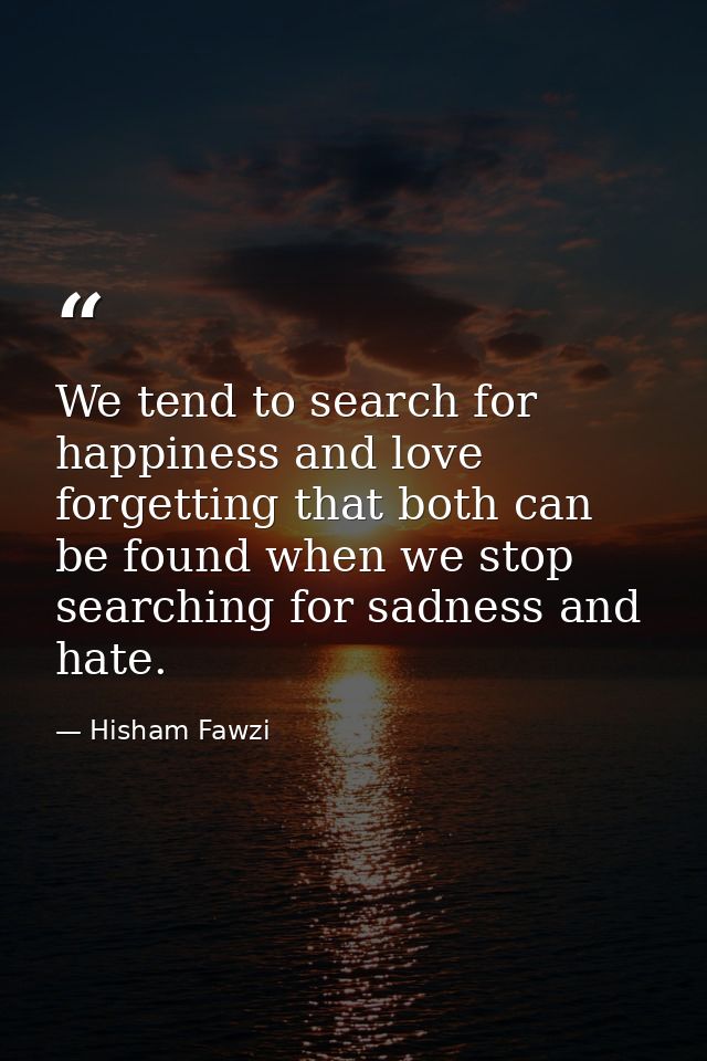 We tend to search for happiness and love forgetting that both can be found when we stop searching for sadness and hate. — Hisham Fawzi