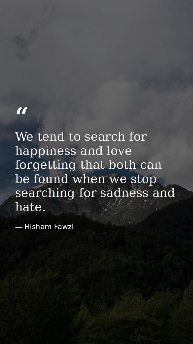 We tend to search for happiness and love forgetting that both can be found when we stop searching for sadness and hate. — Hisham Fawzi