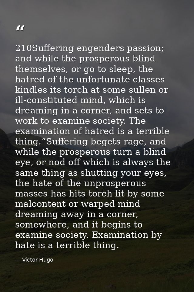 210Suffering engenders passion; and while the prosperous blind themselves, or go to sleep, the hatred of the unfortunate — Victor Hugo