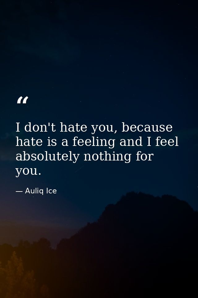 I don't hate you, because hate is a feeling and I feel absolutely nothing for you. — Auliq Ice