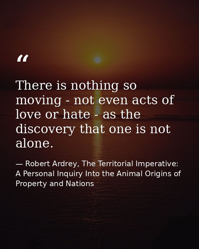 There is nothing so moving - not even acts of love or hate - as the discovery that one is not alone. — Robert Ardrey, The Territorial Imperative: A Personal Inquiry Into the Animal Origins of Property and Nations