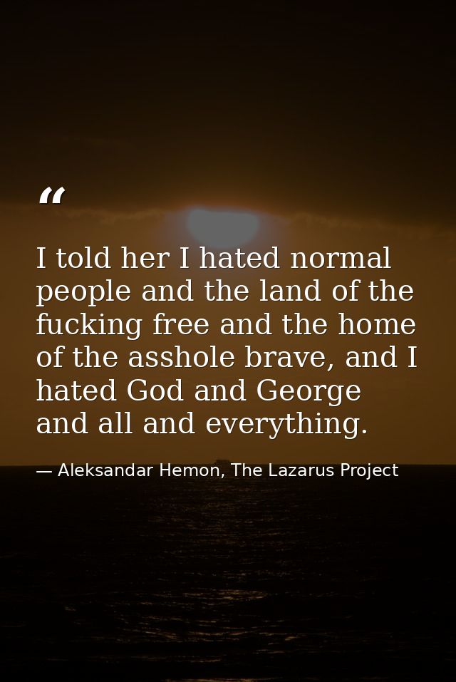 I told her I hated normal people and the land of the fucking free and the home of the asshole brave, and I hated God and — Aleksandar Hemon, The Lazarus Project