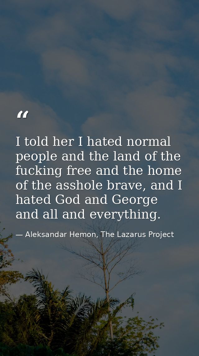 I told her I hated normal people and the land of the fucking free and the home of the asshole brave, and I hated God and — Aleksandar Hemon, The Lazarus Project