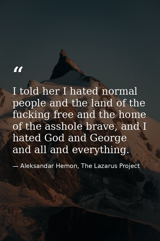 I told her I hated normal people and the land of the fucking free and the home of the asshole brave, and I hated God and — Aleksandar Hemon, The Lazarus Project