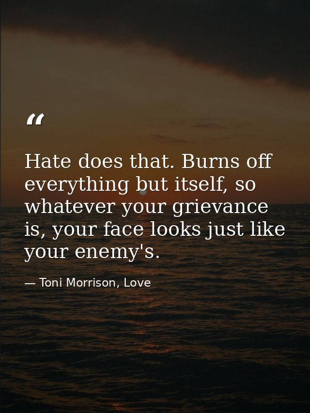 Hate does that. Burns off everything but itself, so whatever your grievance is, your face looks just like your enemy's. — Toni Morrison, Love