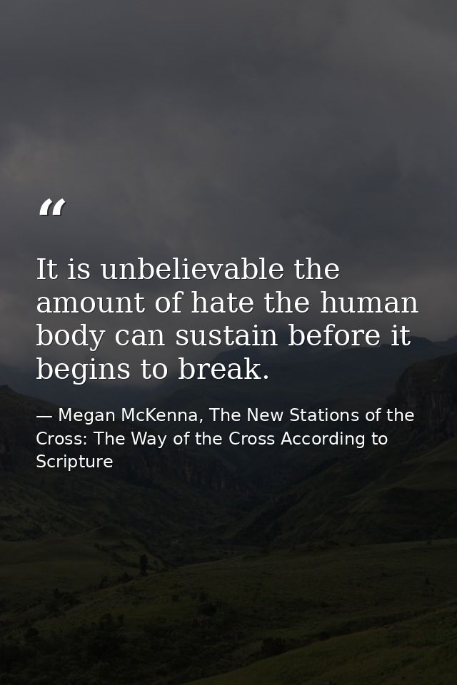 It is unbelievable the amount of hate the human body can sustain before it begins to break. — Megan McKenna, The New Stations of the Cross: The Way of the Cross According to Scripture