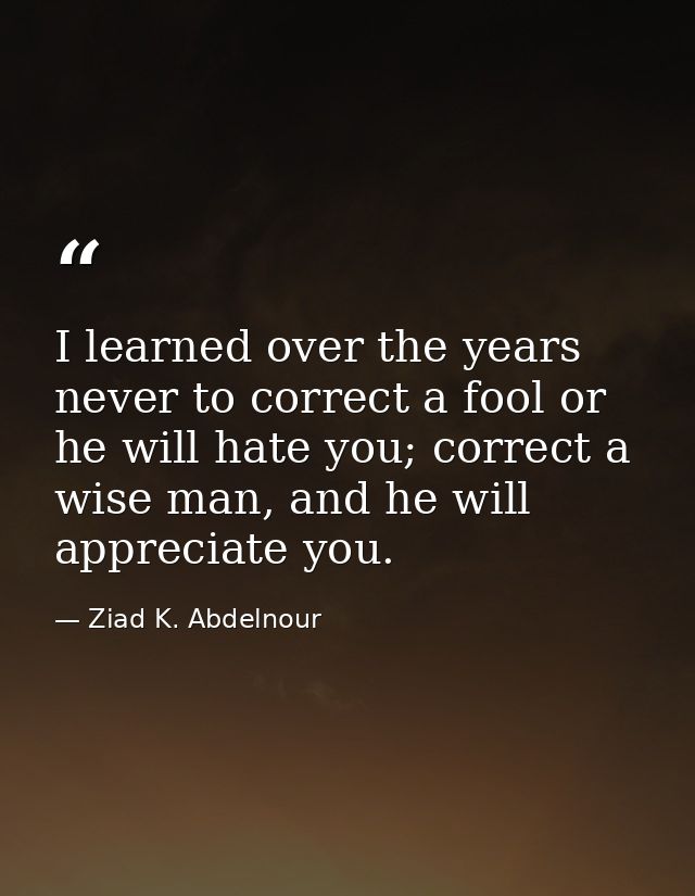 I learned over the years never to correct a fool or he will hate you; correct a wise man, and he will appreciate you. — Ziad K. Abdelnour