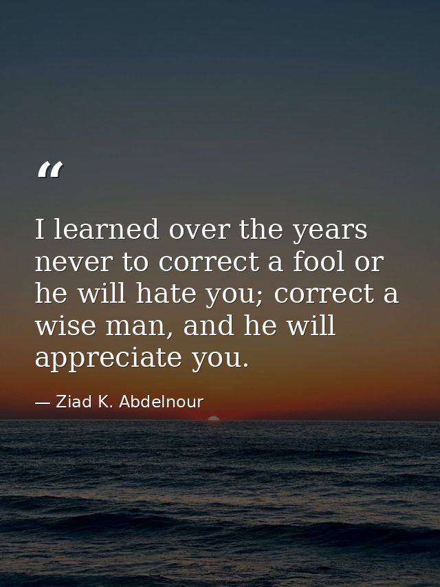 I learned over the years never to correct a fool or he will hate you; correct a wise man, and he will appreciate you. — Ziad K. Abdelnour