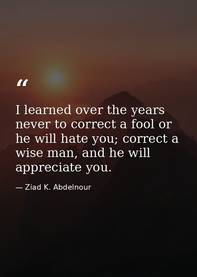 I learned over the years never to correct a fool or he will hate you; correct a wise man, and he will appreciate you. — Ziad K. Abdelnour