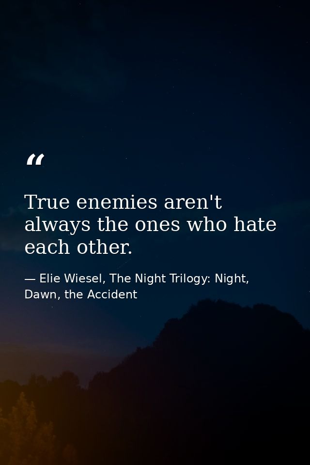 True enemies aren't always the ones who hate each other. — Elie Wiesel, The Night Trilogy: Night, Dawn, the Accident