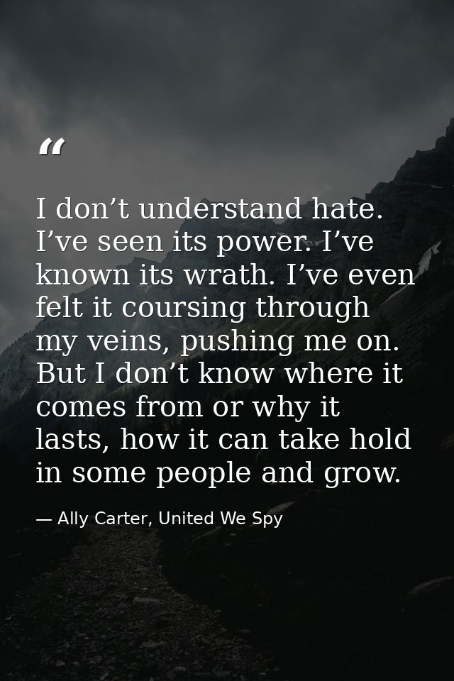 I don’t understand hate. I’ve seen its power. I’ve known its wrath. I’ve even felt it coursing through my veins, pushing — Ally Carter, United We Spy
