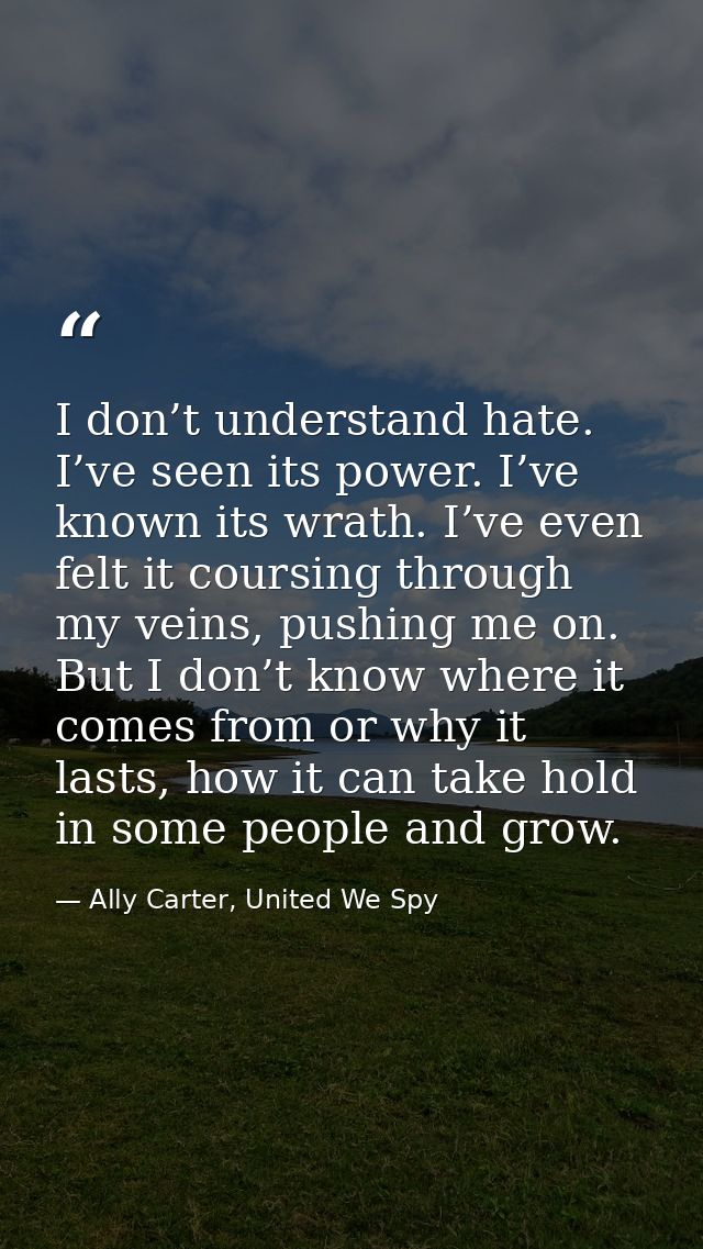 I don’t understand hate. I’ve seen its power. I’ve known its wrath. I’ve even felt it coursing through my veins, pushing — Ally Carter, United We Spy