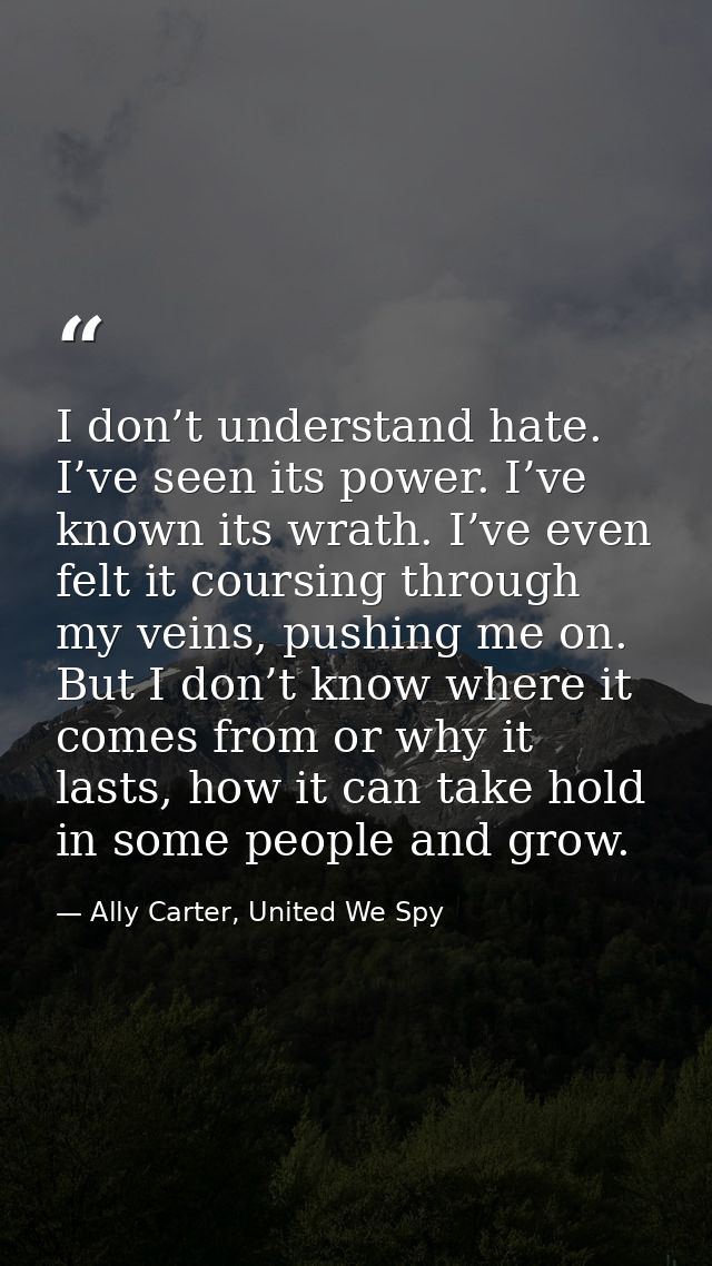 I don’t understand hate. I’ve seen its power. I’ve known its wrath. I’ve even felt it coursing through my veins, pushing — Ally Carter, United We Spy