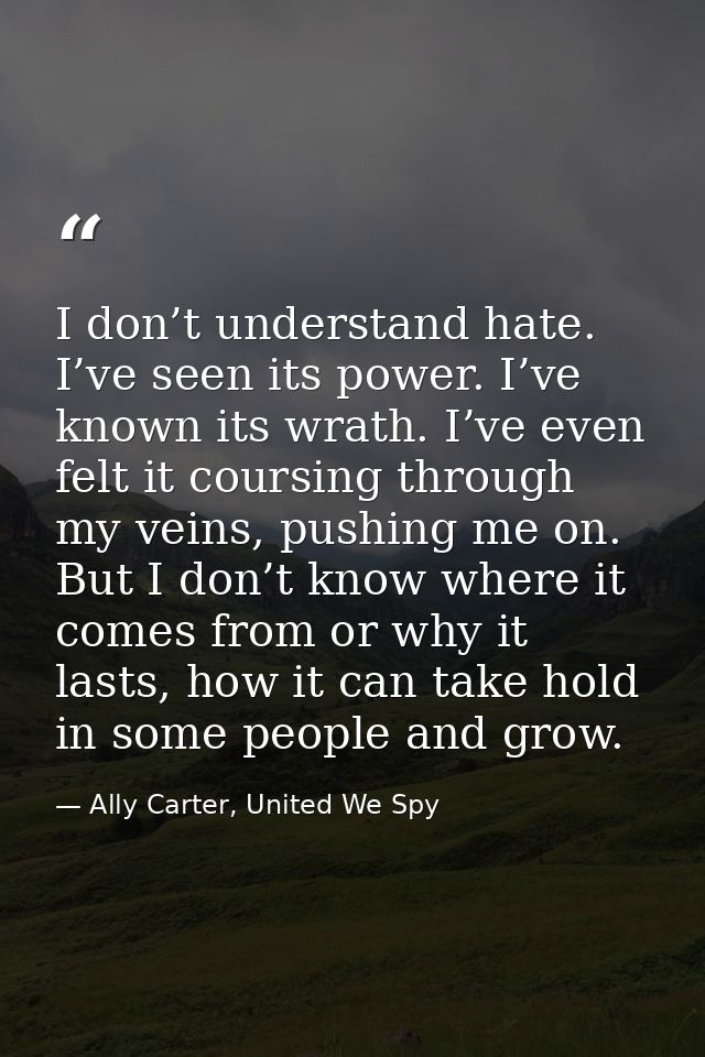 I don’t understand hate. I’ve seen its power. I’ve known its wrath. I’ve even felt it coursing through my veins, pushing — Ally Carter, United We Spy