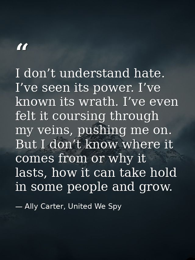 I don’t understand hate. I’ve seen its power. I’ve known its wrath. I’ve even felt it coursing through my veins, pushing — Ally Carter, United We Spy