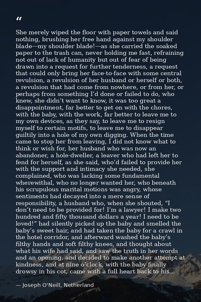 She merely wiped the floor with paper towels and said nothing, brushing her free hand against my shoulder blade—my shoul — Joseph O'Neill, Netherland