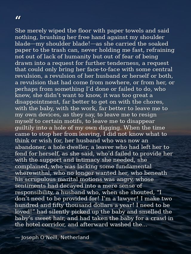 She merely wiped the floor with paper towels and said nothing, brushing her free hand against my shoulder blade—my shoul — Joseph O'Neill, Netherland