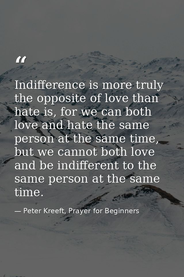 Indifference is more truly the opposite of love than hate is, for we can both love and hate the same person at the same  — Peter Kreeft, Prayer for Beginners