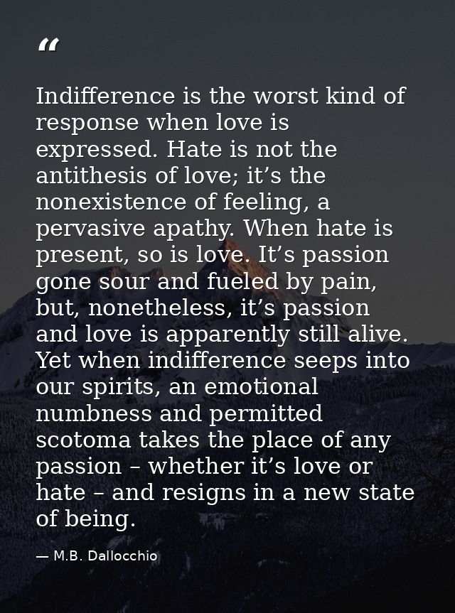 Indifference is the worst kind of response when love is expressed. Hate is not the antithesis of love; it’s the nonexist — M.B. Dallocchio