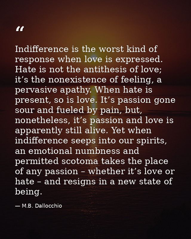 Indifference is the worst kind of response when love is expressed. Hate is not the antithesis of love; it’s the nonexist — M.B. Dallocchio