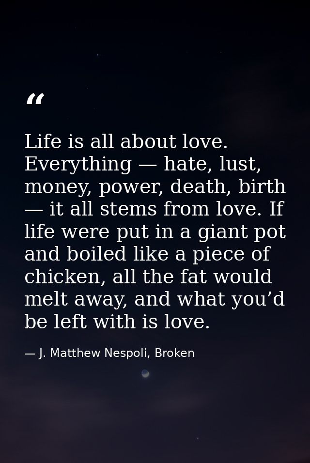 Life is all about love. Everything — hate, lust, money, power, death, birth — it all stems from love. If life were put i — J. Matthew Nespoli, Broken