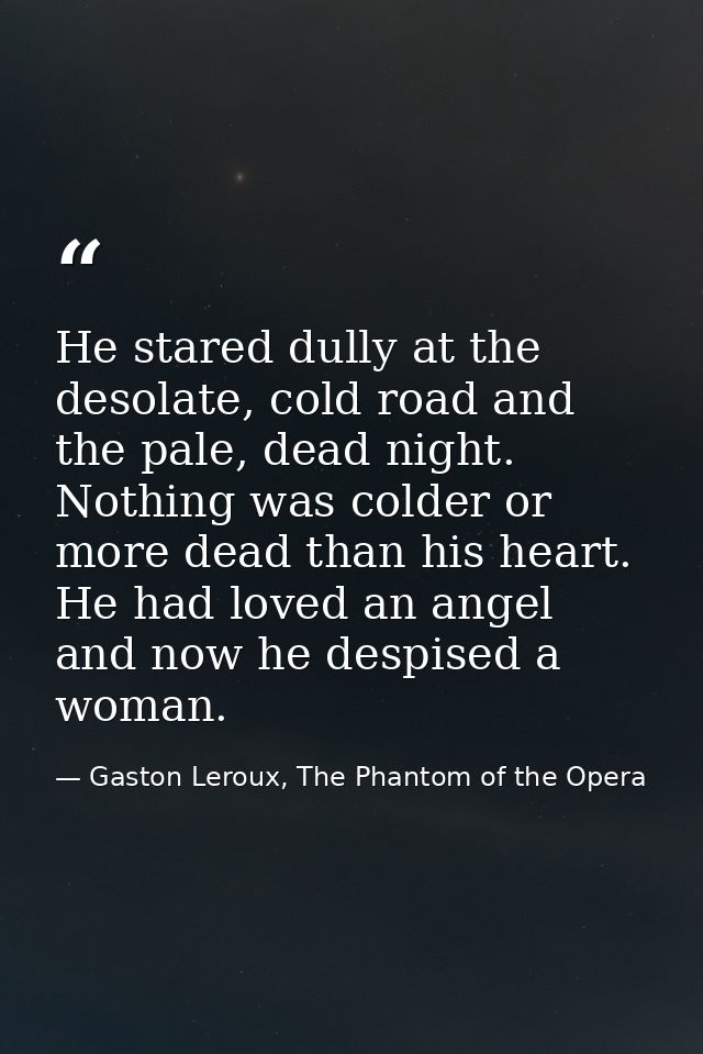 He stared dully at the desolate, cold road and the pale, dead night. Nothing was colder or more dead than his heart. He  — Gaston Leroux, The Phantom of the Opera
