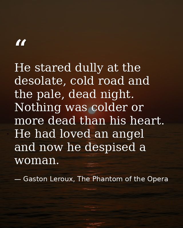 He stared dully at the desolate, cold road and the pale, dead night. Nothing was colder or more dead than his heart. He  — Gaston Leroux, The Phantom of the Opera