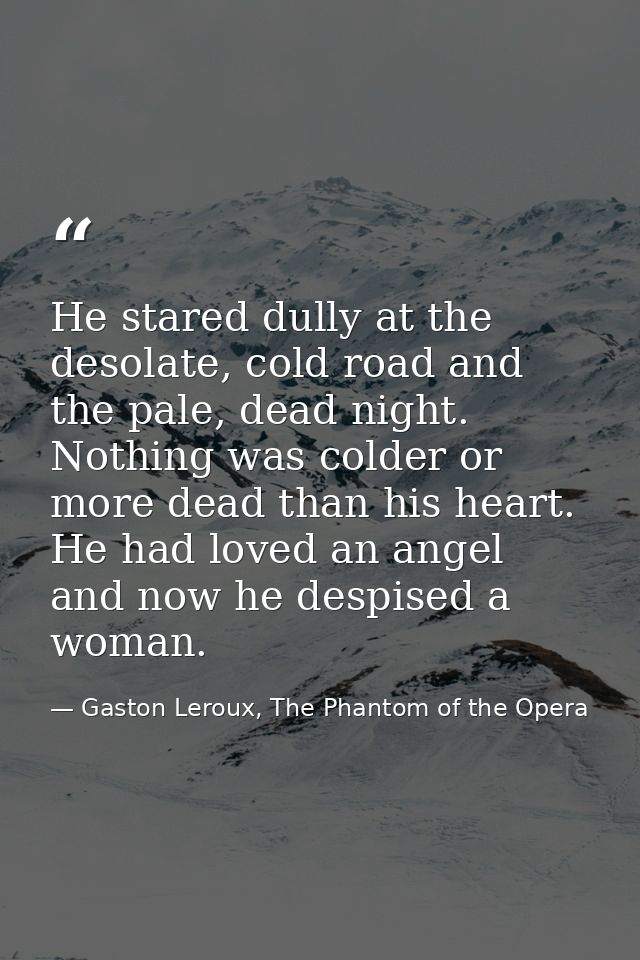 He stared dully at the desolate, cold road and the pale, dead night. Nothing was colder or more dead than his heart. He  — Gaston Leroux, The Phantom of the Opera